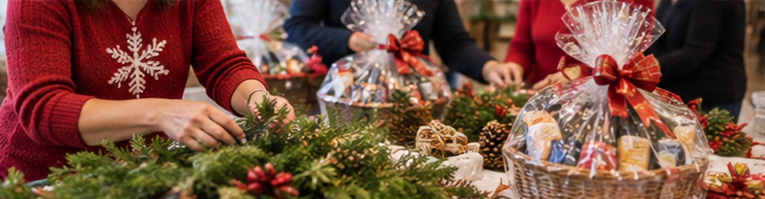 Volunteers preparing gifts for a holiday fundraiser