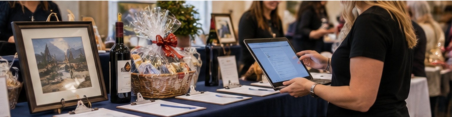Silent auction prize display at a community fundraising event