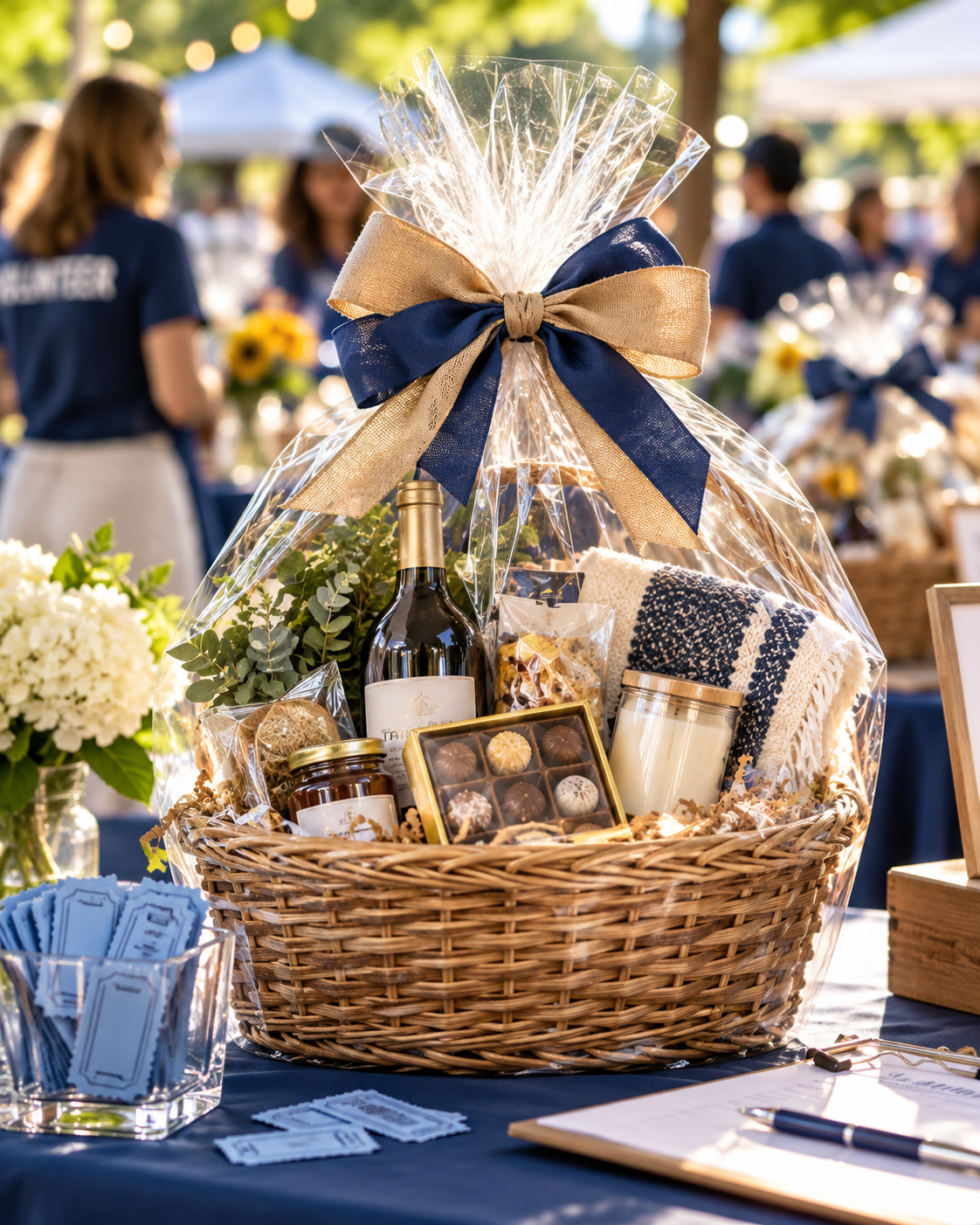 Gift baskets displayed for a basket raffle fundraiser
