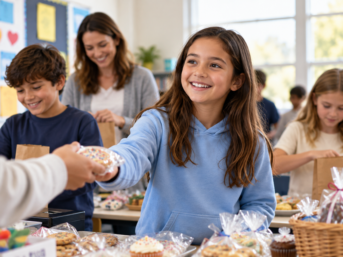 School families and volunteers at a back-to-school fundraising event